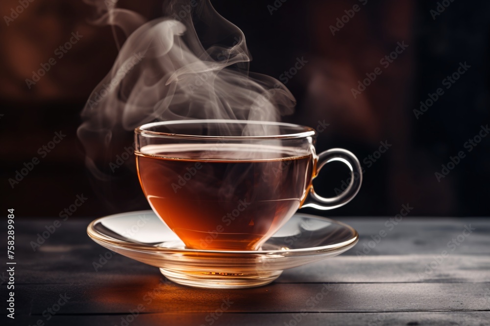 Close-up shot of a perfectly brewed cup of tea, steam rising from its surface and infusing the air with a comforting aroma Close-up shot of a perfectly brewed cup of tea, steam rising from its surface and infusing the air with a comforting aroma