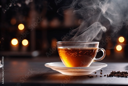 A close-up shot of a perfectly brewed cup of tea, steam rising from its surface and infusing the air with a comforting aroma