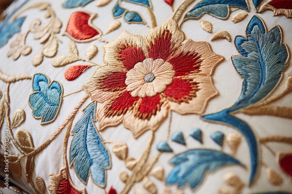 A close-up perspective highlighting the intricate details of a decorative throw pillow