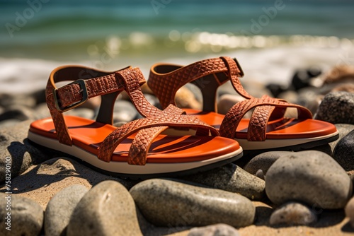 A close-up perspective highlighting the texture of a pair of beach-ready sandals, their comfortable straps and sturdy soles ready for sandy strolls or water activities