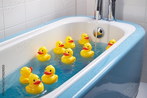 Close-up perspective capturing the vibrant colors and playful designs of a collection of rubber duckies, adding a touch of whimsy to the bathroom decor