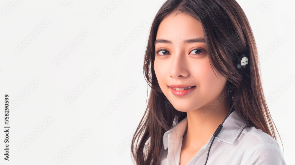Portrait of a smiling Asian girl in black wired headphones. Portrait of a smiling Asian girl in black wired headphones.