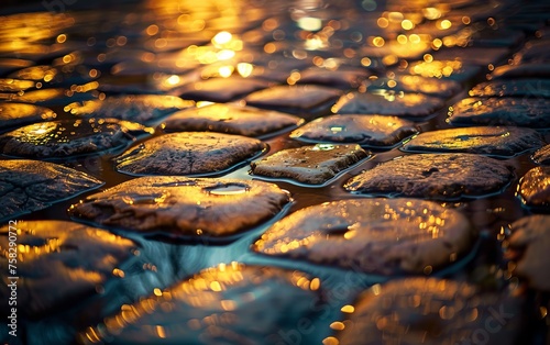Cobblestone pavement in the rain at sunset. Close up