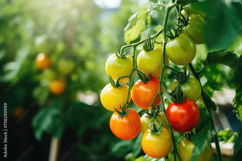 A variety of yellow, red, and green tomatoes ripening on the vine. A variety of yellow, red, and green tomatoes ripening on the vine.