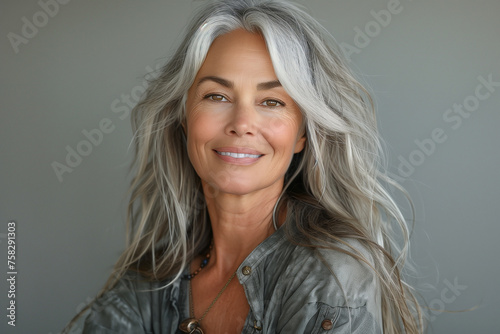 A stunning mature woman in her 50s, with long gray hair, against a light gray background 