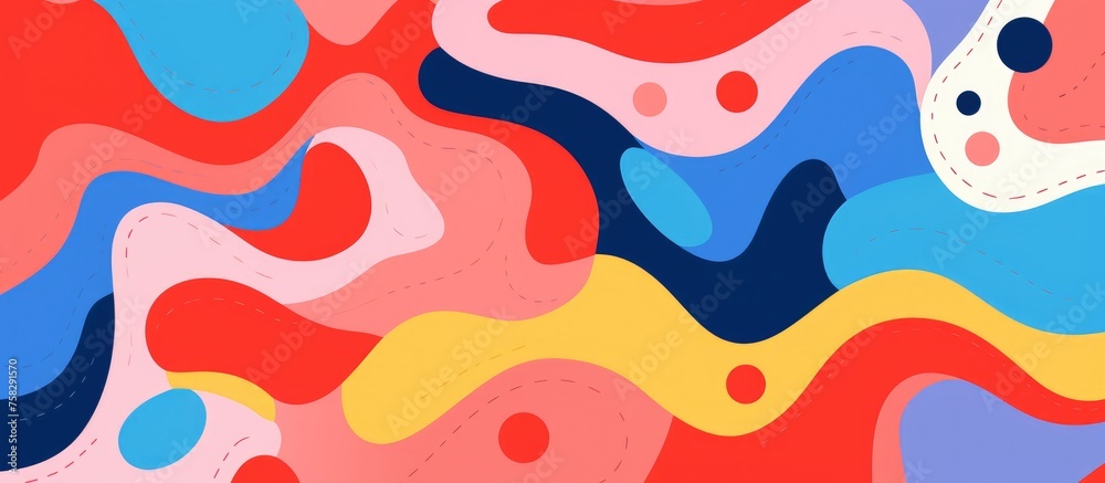 An abstract painting featuring waves and circles in azure, orange, magenta on a red background. The textile pattern is created with art paint