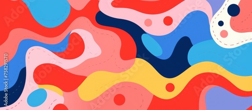 An abstract painting featuring waves and circles in azure, orange, magenta on a red background. The textile pattern is created with art paint