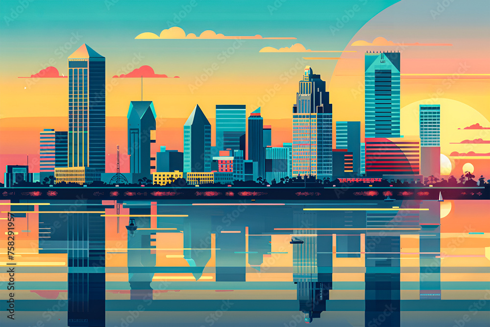 A flat vector city skyline of Jacksonville, Florida, USA. Sunset illustration with skyscrapers. - obrazy, fototapety, plakaty 