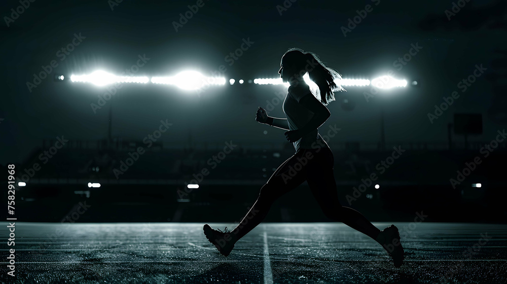 Silhouette of a female athlete running at the stadium at night