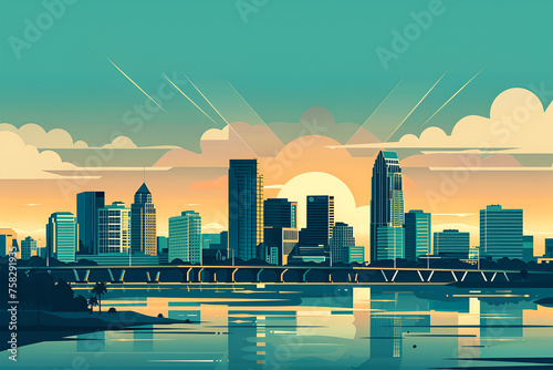 A flat vector city skyline of Jacksonville, Florida, USA. Sunset illustration with skyscrapers.
