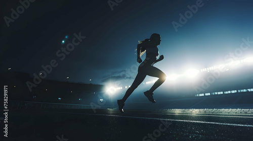 Silhouette of a female athlete running at the stadium at night