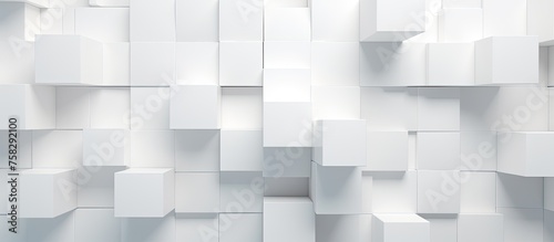 A rectangular wall constructed of white building materials resembles a grid of cubes with a grey shadow  creating a symmetrical pattern on the flooring