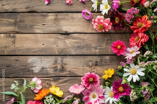 A wooden frame with a colorful arrangement of flowers. The flowers are of various colors and sizes. The arrangement is placed in the center of the frame. Mother's day concept