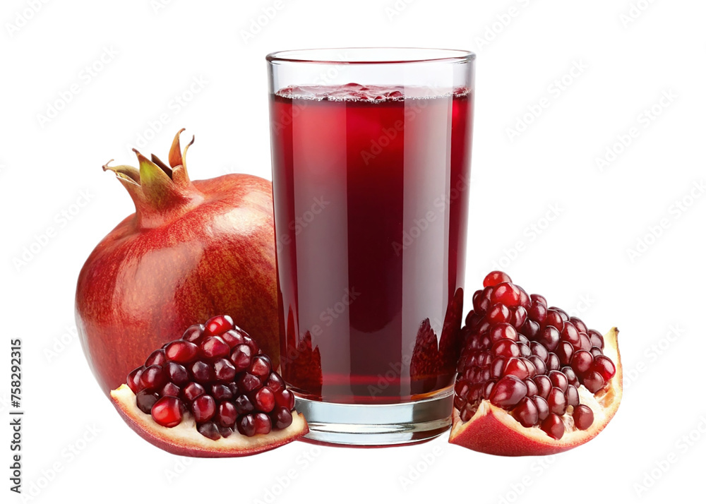 Pomegranate juice in a glass and ripe fruits on a transparent background Pomegranate juice in a glass and ripe fruits on a transparent background