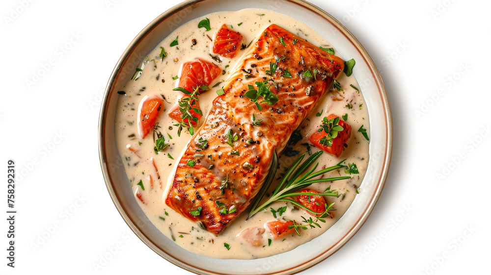 Delicious salmon with creamy sauce on a plate, isolated on a transparent or white background. Delicious salmon with creamy sauce on a plate, isolated on a transparent or white background.