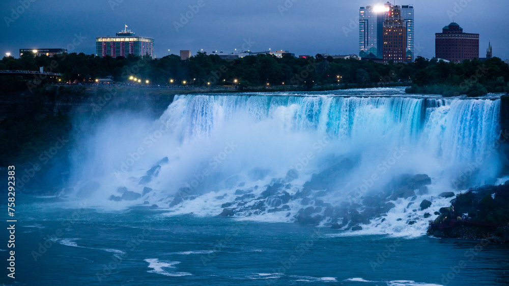 Niagara falls, Canada - June 27 2018: Colorful light shedding on the Niagara Falls