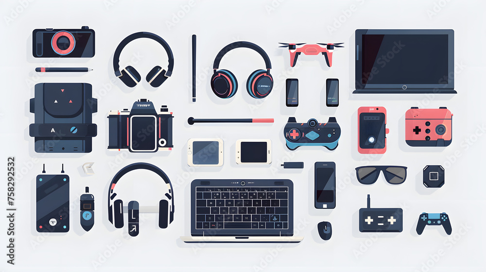  gadgets technologiques :un ordinateur portable, une tablette, une montre connectée, un drone, des écouteurs, un appareil photo numérique, une télévision intelligente et une console de jeux.