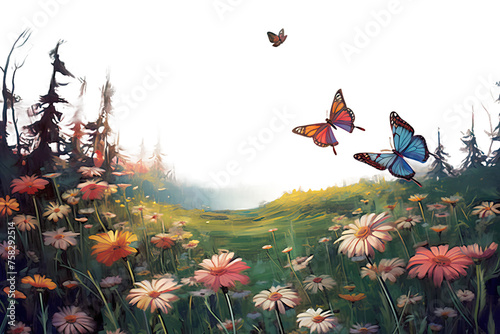 drawn beautiful magical butterflies chamomile grass oil illustration green floral nature landscape painting flowers hand canvas sunset garden meadow artwork