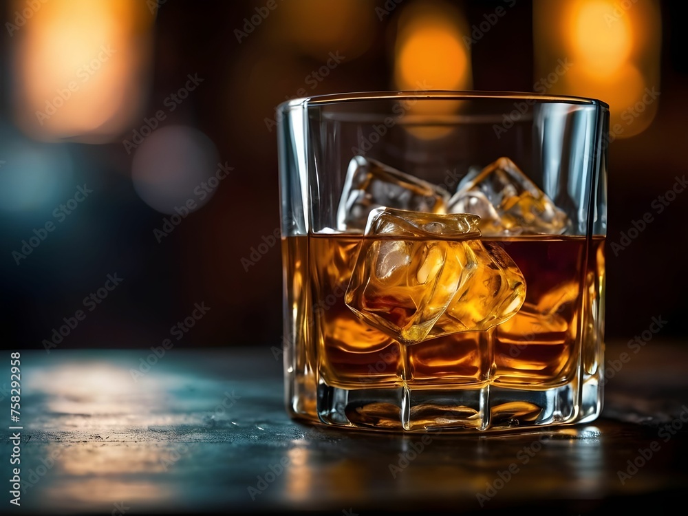 Elegant Glass of Whiskey Resting on a Wooden Table with Warm Lighting
