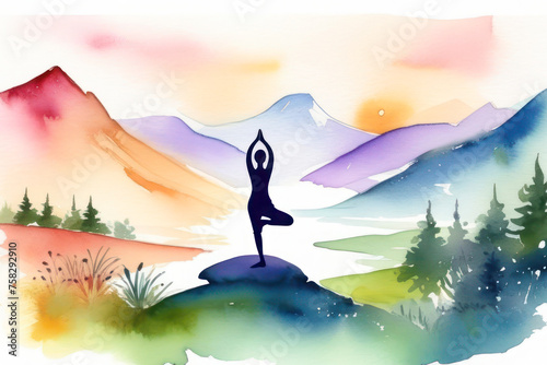 The girl is doing yoga against the background of nature - Mountains Forest and River. Drawing watercolor for the day of yoga. Free space in the photo for the inscription. © Павел Чепелев