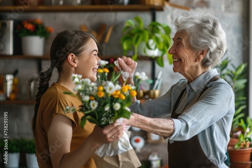 A woman is holding a bouquet of flowers and laughing with a young girl. Scene is happy and joyful. Mother's day concept © Nico