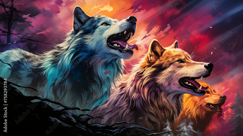 Pack of Wolves Howls Against a Vibrant Aurora Borealis Display in the Night Sky. Pack of Wolves Howls Against a Vibrant Aurora Borealis Display in the Night Sky.