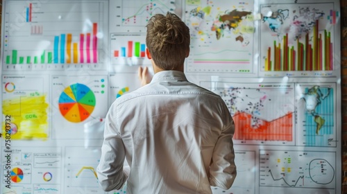 man standing in front of graph, charts and bars of Data, analystics, diagram, enterprise  photo