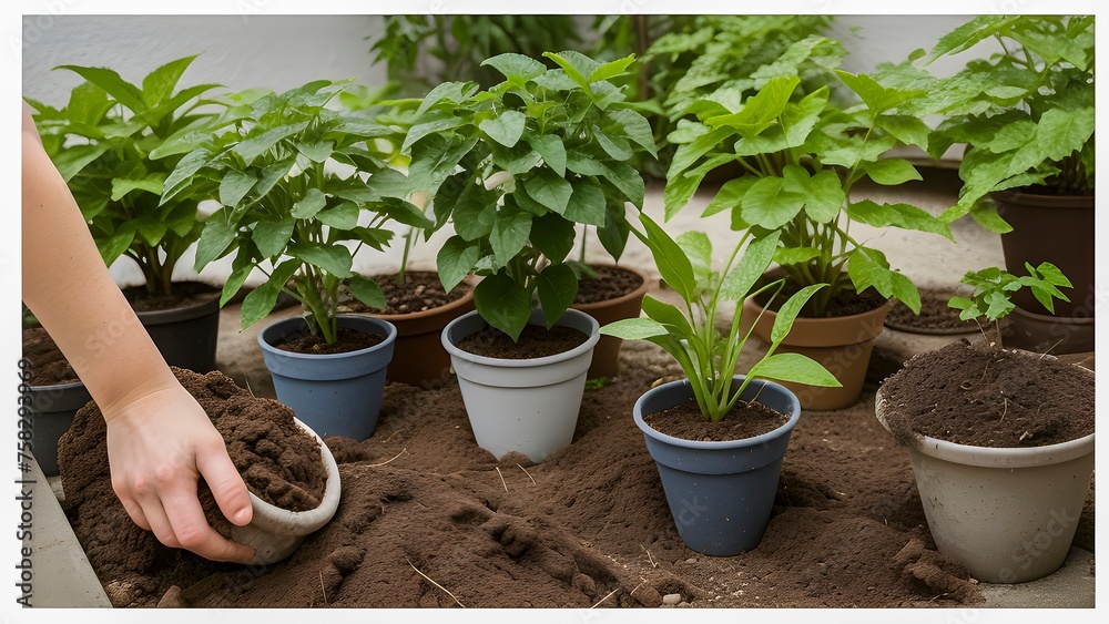 Variety Of Lush Green Plants In Black And Terra Cotta Pots Cradled In A Human Hand Variety Of Lush Green Plants In Black And Terra Cotta Pots Cradled In A Human Hand