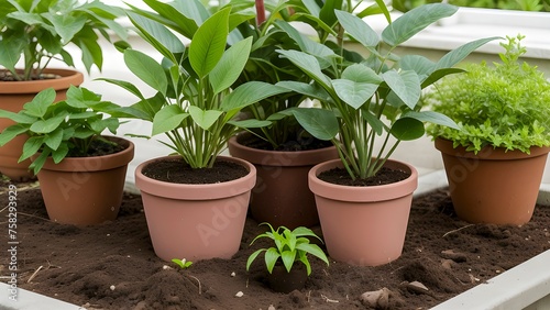 Five Terra Cotta Pots With Young Plants On Fresh Soil In A Raised Garden Bed With A Green Lawn