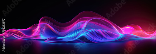 An enchanting visual of bright neon waves of light that ripple and flow across a mirrored surface blending hues of pink, blue, and purple