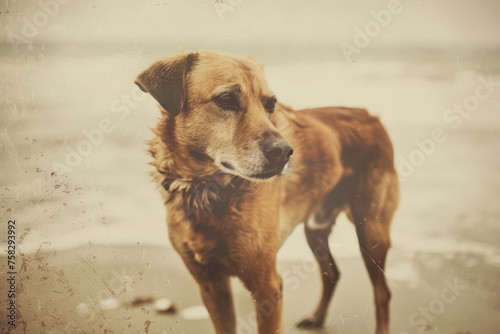 sentimental portrait of a senior dog on a sandy beach with a vintage filter effect