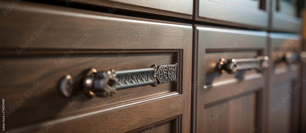 Detail of hardware on cabinetry. Detail of hardware on cabinetry.