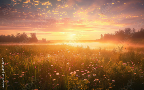 A serene sunrise gently illuminates a tranquil flower meadow, evoking feelings of peace, renewal, and natural beauty