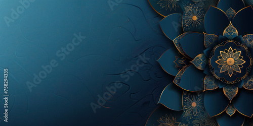 Ramadan Kareem greeting card with golden Islamic Arabic arabesque, banner
