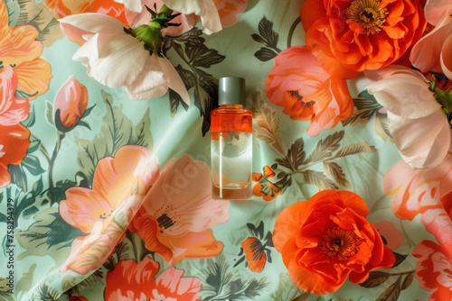 beauty serum in a transparent bottle on a flower print cloth with poppies