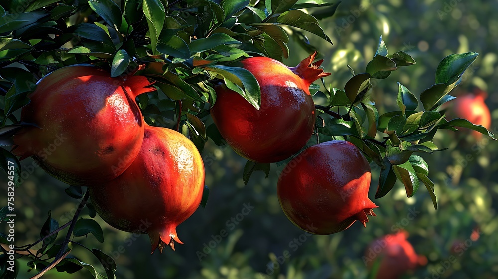 An Image Showcasing a Pomegranate Tree with Lush Foliage and Juicy Fruits: Nature's Bounty in Vibrant Display