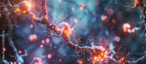 This image shows a close-up representation of neurons within the brain connecting and firing with electrical pulses