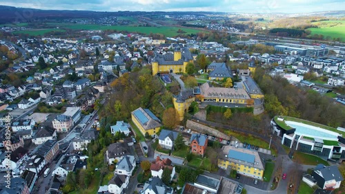 Aerial view of the old town and castle Montabaur in Germany on a cloudy noon in autumn photo