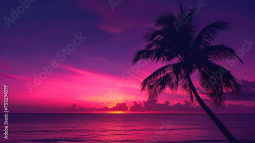 A breathtaking view of a vibrant sunset sky over the ocean with a silhouette of a palm tree leaning towards the sea © Mik Saar