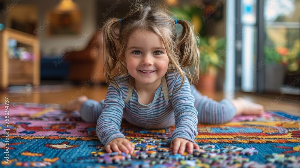 Little Girl Laying On Floor Playing With Puzzle