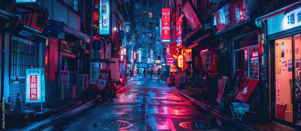 A bustling Tokyo alley illuminated by vivid neon signs and lights reflecting on the wet street surface, capturing the lively night scene in Japan's capital