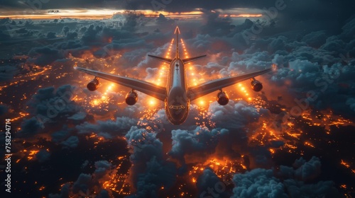 Large Jetliner Flying Through Cloudy Blue Sky
