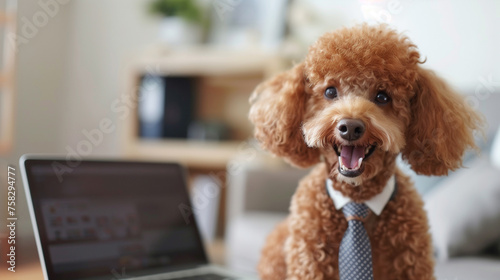 National Take Your Dog to Work Day.  A happy Toy poodle wearing a tie is near the laptop in a light office room, close up portrait.