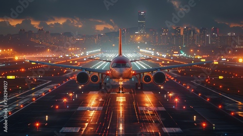 Large Jetliner Flying Over Runway at Night