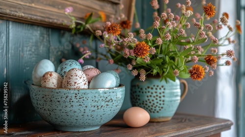 Blue Vase With Pink Flowers and Eggs