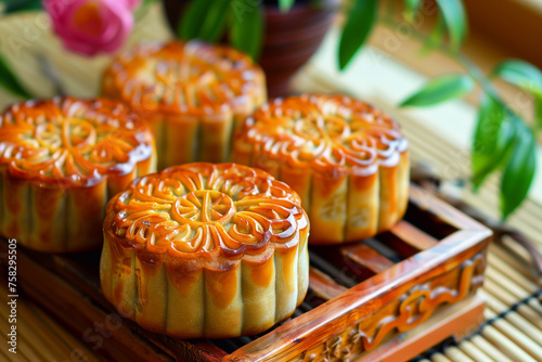 Traditional Chinese  dessert. Homemade baked mooncakes filled with nuts and dried fruits, Chinese Mid-Autumn Festival food.