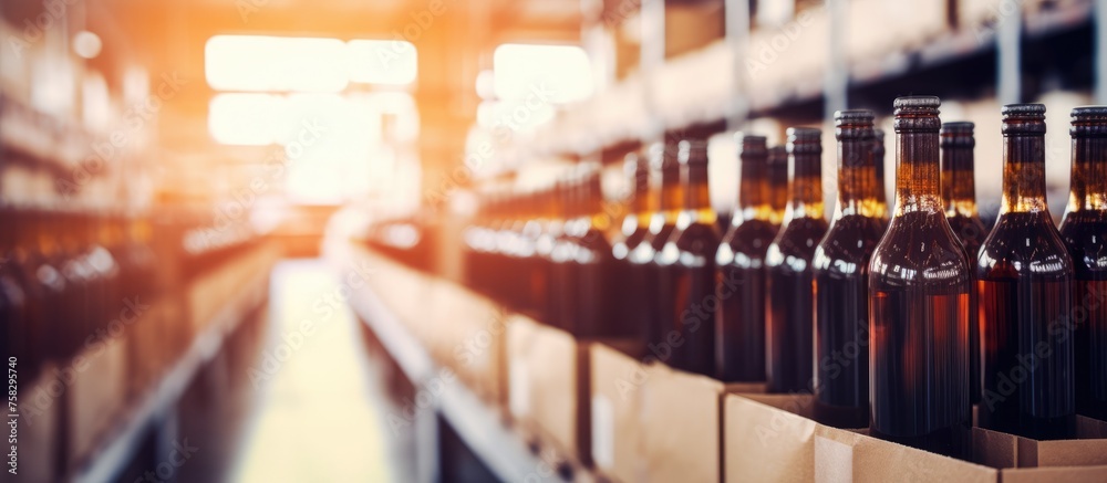 Blurred image of wine bottle aisle in a modern distribution warehouse. Defocused interior aisle with rows of products. Inventory and logistic background with a vintage look.