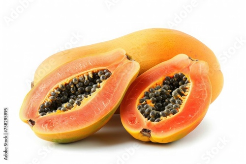 Two halves of ripe papaya and whole papaya isolated on white background, Closeup