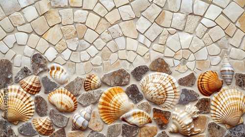 Coastal beach-style office, circular marble mosaic with a seashell pattern. Background sandy beige.