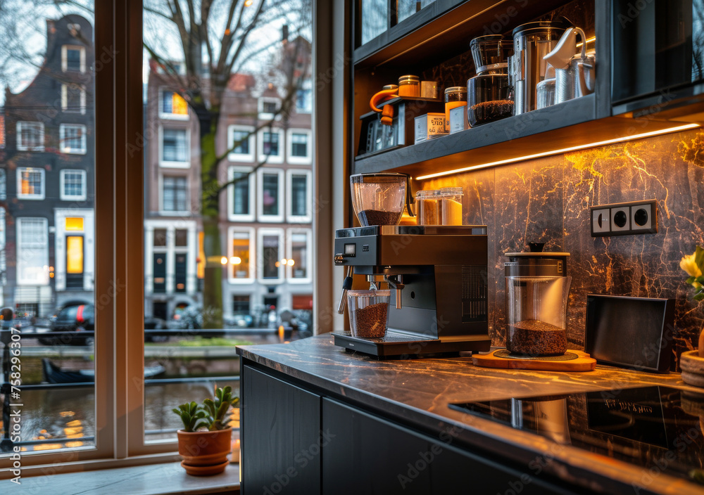 A Cup of Coffee on a Counter by a Window A Cup of Coffee on a Counter by a Window